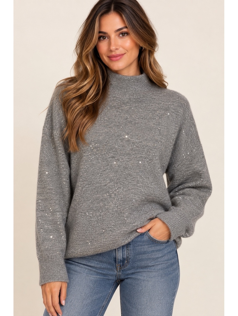 Calvin Klein Women’s Gray Sparkle Sequin Mock Neck Sweater Size M Holiday